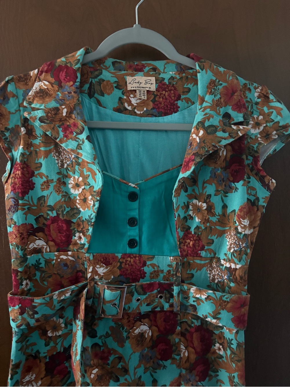 Lindy Bop Teal Floral Belted Midi Dress - Picture 2 of 9